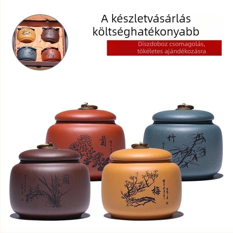 Gravírozható teás dobozok szilva, orchidea, bambusz és krizantéma motívumokkal, Pu'er teához zárható edények lilás agyagból – Modell 41204