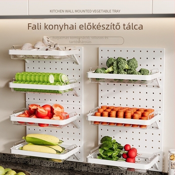 Fali tárolórendszer konyhai pegboardhoz – perforált panelre szerelhető kosarak, előkészítő tálak hagyma, gyömbér és fokhagyma számára