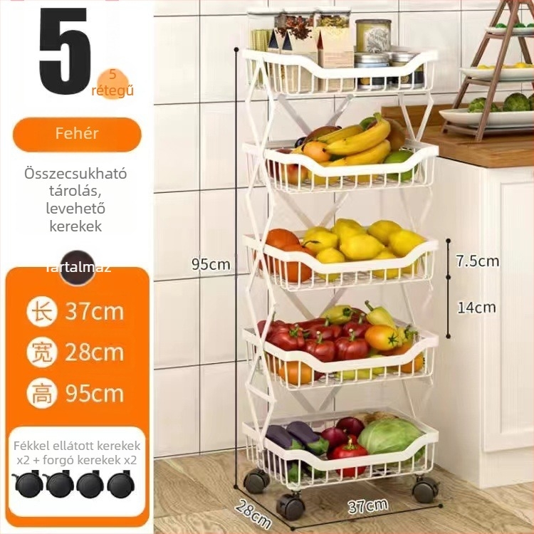 Háromszintes, padlón álló összecsukható konyhai állvány zöldségeknek és gyümölcsöknek, szénacélból