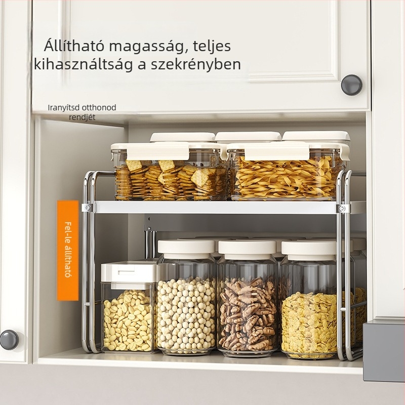 Konyhai pulttároló, több szintes polccal edények és fűszerek számára, végtelenül állítható