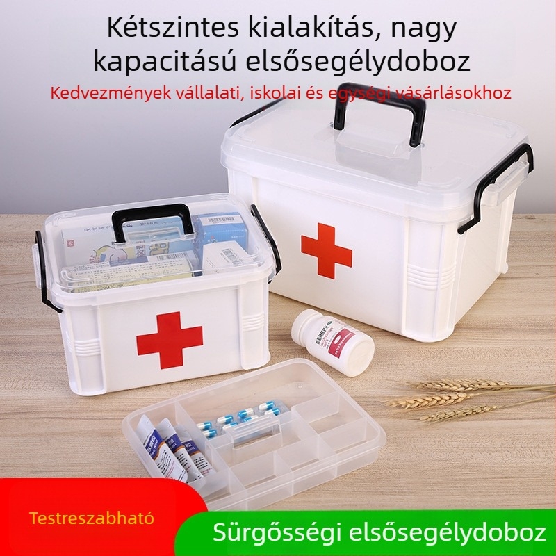 Extra-nagy hordozható gyógyszeres doboz – elsősegély tároló, háztartási műanyag szervező, dupla rétegű