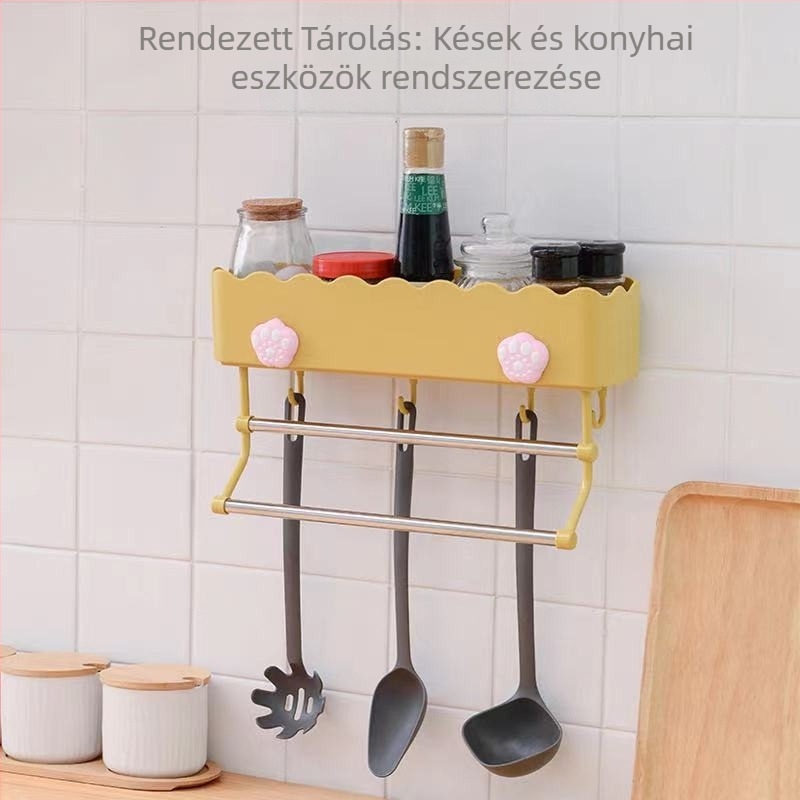 Fali polc fogasokkal, lyukasztás nélkül, fürdőszobai és konyhai tároláshoz