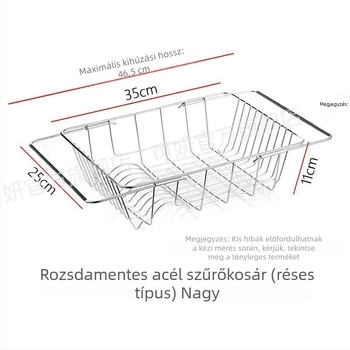 Rozsdamentes acél leeresztő kosár mosogatóhoz, teleszkópos, edények és tálak szárítóállványa, gyümölcs- és zöldség tároló, konyhai szervező