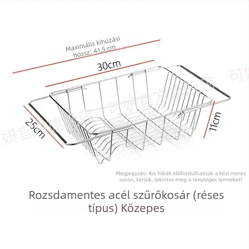 Rozsdamentes acél leeresztő kosár mosogatóhoz, teleszkópos, edények és tálak szárítóállványa, gyümölcs- és zöldség tároló, konyhai szervező