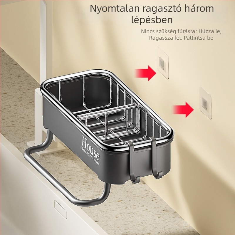 Fúrás nélküli falra szerelhető tároló állvány konyhába és fürdőszobába, műanyag, opcionális rozsdamentes acél kerettel