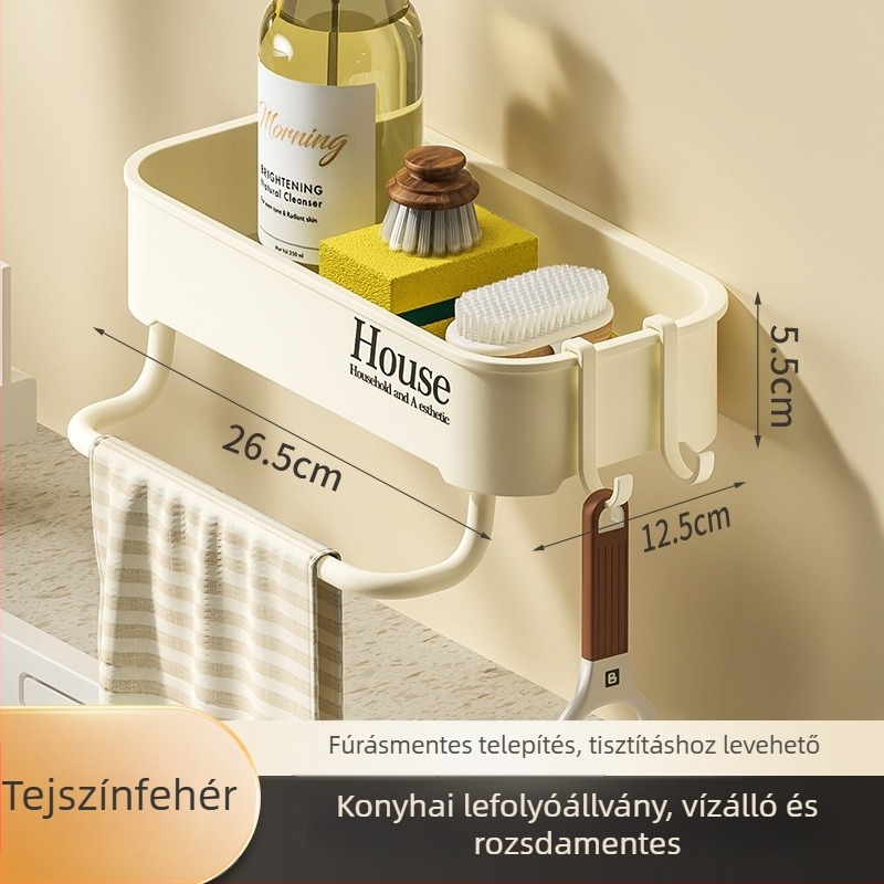 Fúrás nélküli falra szerelhető tároló állvány konyhába és fürdőszobába, műanyag, opcionális rozsdamentes acél kerettel