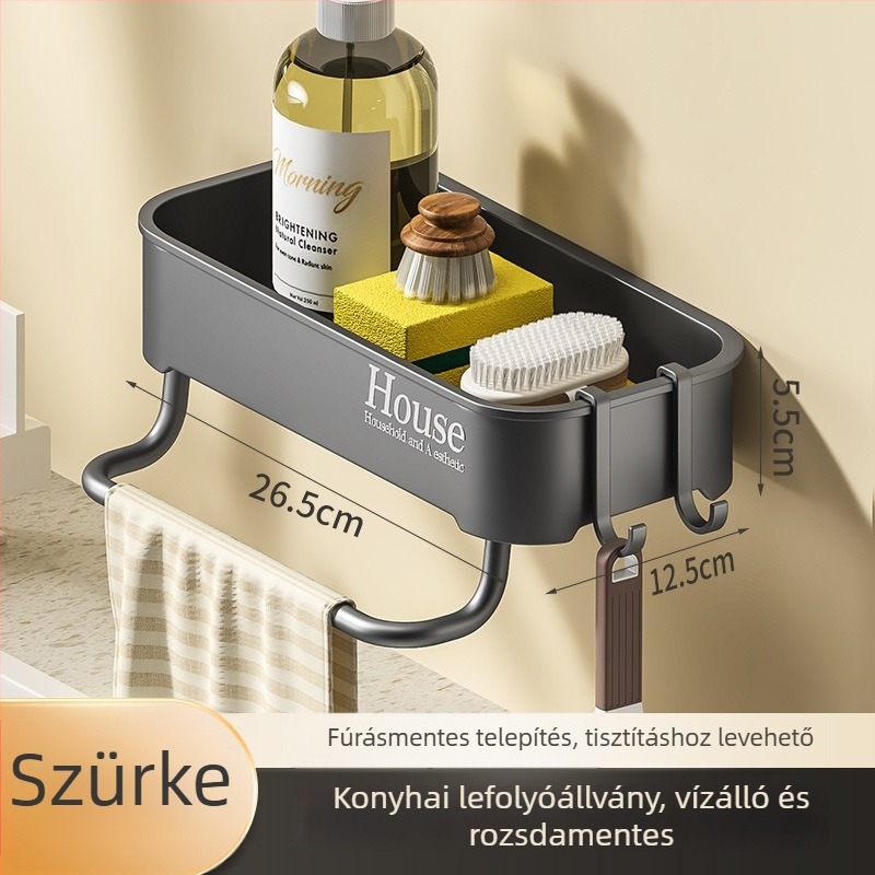 Fúrás nélküli falra szerelhető tároló állvány konyhába és fürdőszobába, műanyag, opcionális rozsdamentes acél kerettel