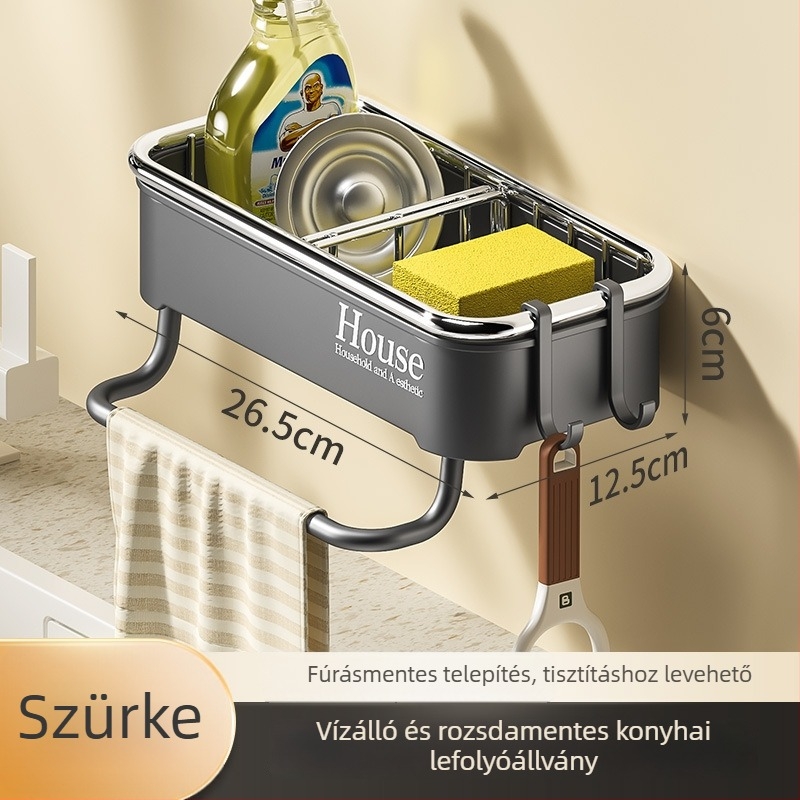 Fúrás nélküli falra szerelhető tároló állvány konyhába és fürdőszobába, műanyag, opcionális rozsdamentes acél kerettel