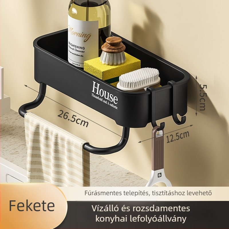 Fúrás nélküli falra szerelhető tároló állvány konyhába és fürdőszobába, műanyag, opcionális rozsdamentes acél kerettel
