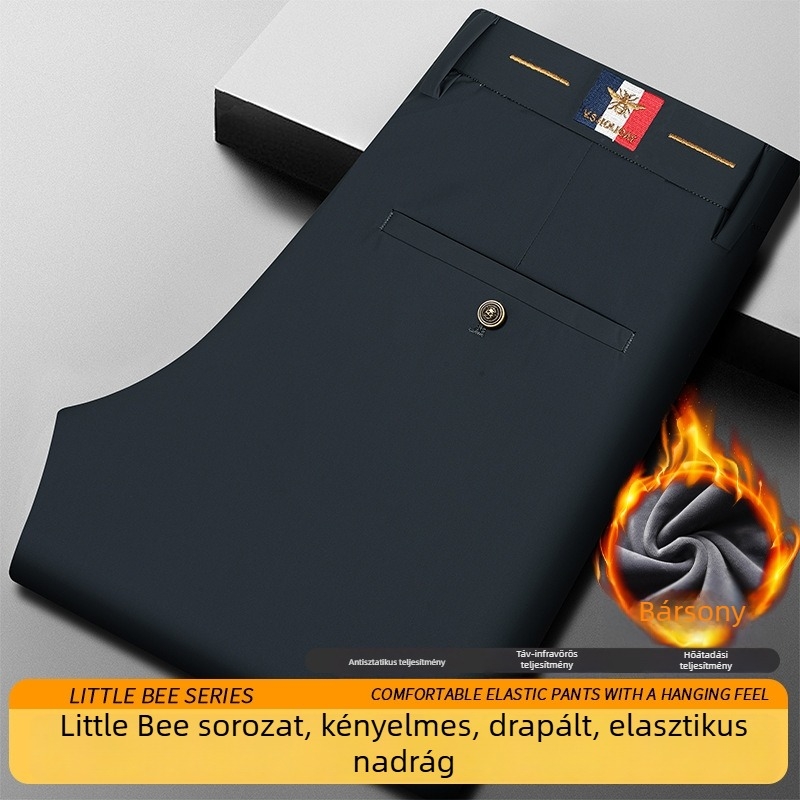 Felső kategóriás férfi nadrágok kifinomult eséssel és elasztikussággal, egyenes szabású, üzleti és mindennapi viseletre, tavasz–őszre