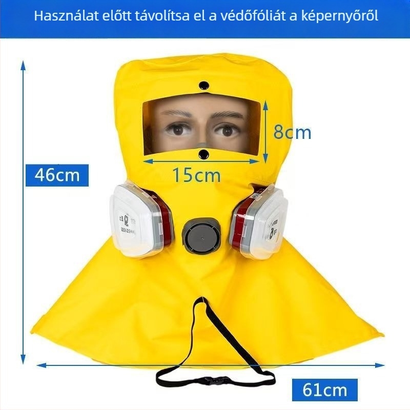 Por- és toxikus gázok elleni védő kapucni festéshez, szóráshoz, csiszoláshoz és dekorációhoz, sav- és lúgálló, lélegző, vegyi fröccs elleni pajzs