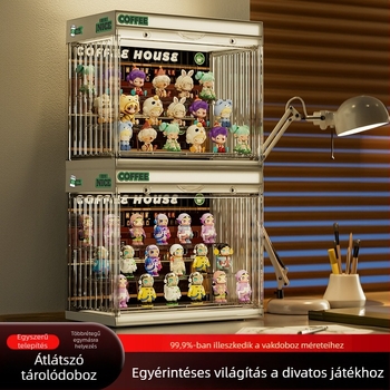 Világított asztali figuragyűjtő tároló doboz Bubble Mart blind box bemutatóval, porálló vitrín