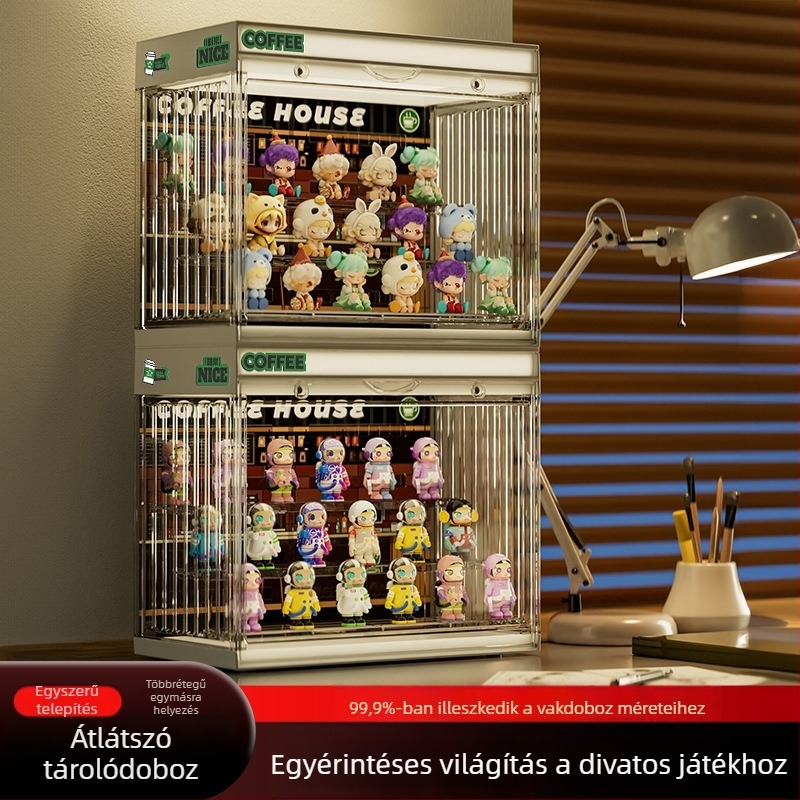 Világított asztali figuragyűjtő tároló doboz Bubble Mart blind box bemutatóval, porálló vitrín