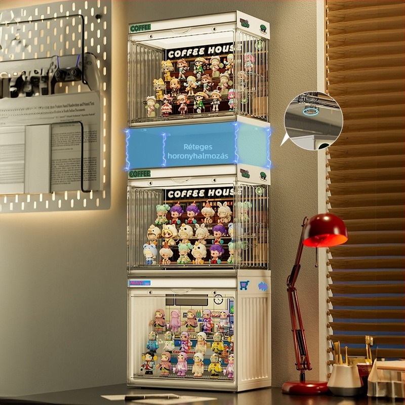 Világított asztali figuragyűjtő tároló doboz Bubble Mart blind box bemutatóval, porálló vitrín