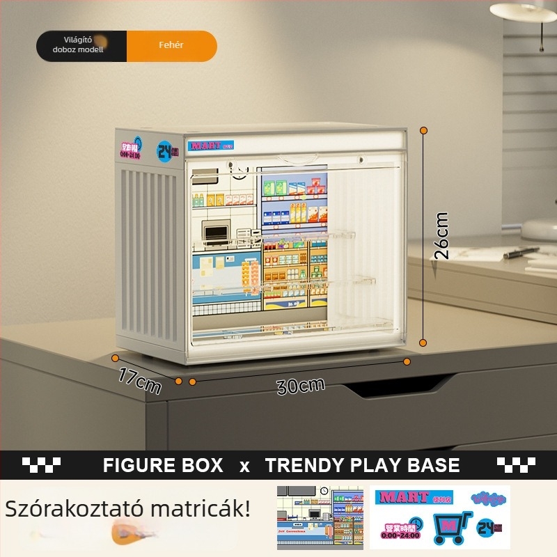 Világított asztali figuragyűjtő tároló doboz Bubble Mart blind box bemutatóval, porálló vitrín