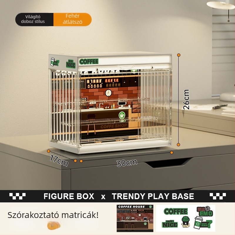 Világított asztali figuragyűjtő tároló doboz Bubble Mart blind box bemutatóval, porálló vitrín