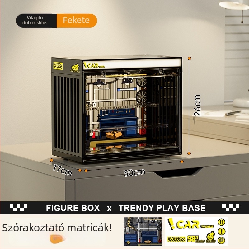 Világított asztali figuragyűjtő tároló doboz Bubble Mart blind box bemutatóval, porálló vitrín