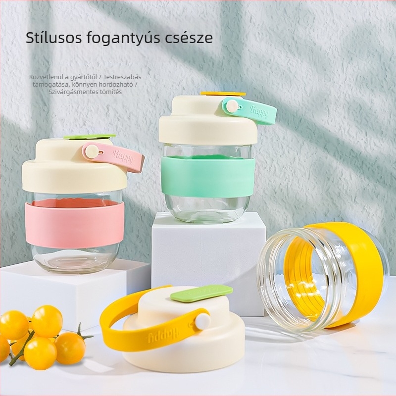 Fogantyús üvegpohár - hordozható, prémium minőség, modern kávés stílus
