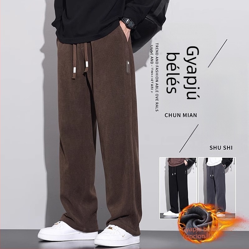 Corduroy férfi casual nadrág téli fleece béléssel, vastag, hosszú, széles lábú, egyenes