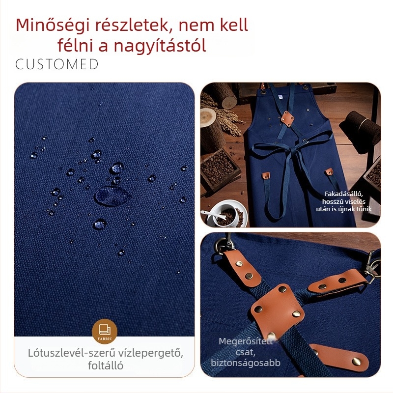 Logóval nyomott vászon kötény otthoni konyhához és cateringhez, ideális kávézókhoz és tej-tea üzletekhez, cukrászdákhoz és pékek munkaruházatához.