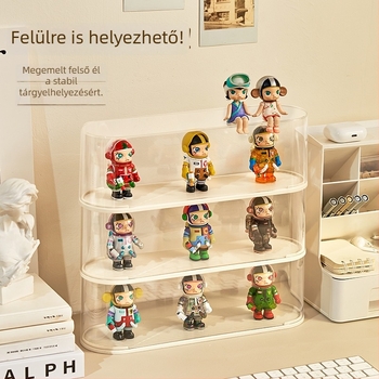 Átlátszó figurakiállítási doboz, porvédett tároló doboz fedéllel, halmozható kivitel PS műanyagból, 31.5×9×10 cm