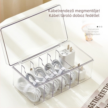 Adatkábeltároló doboz elválasztókkal, átlátszó asztali panellel, levehető töltő rendező