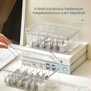 Adatkábeltároló doboz elválasztókkal, átlátszó asztali panellel, levehető töltő rendező
