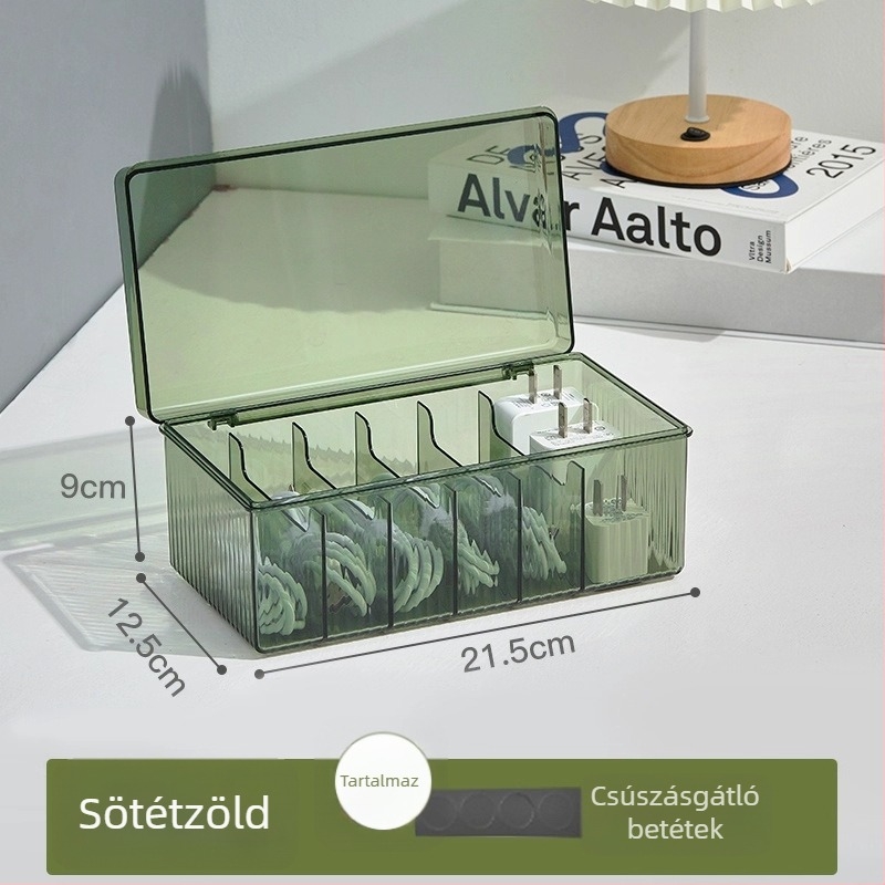 Adatkábeltároló doboz elválasztókkal, átlátszó asztali panellel, levehető töltő rendező