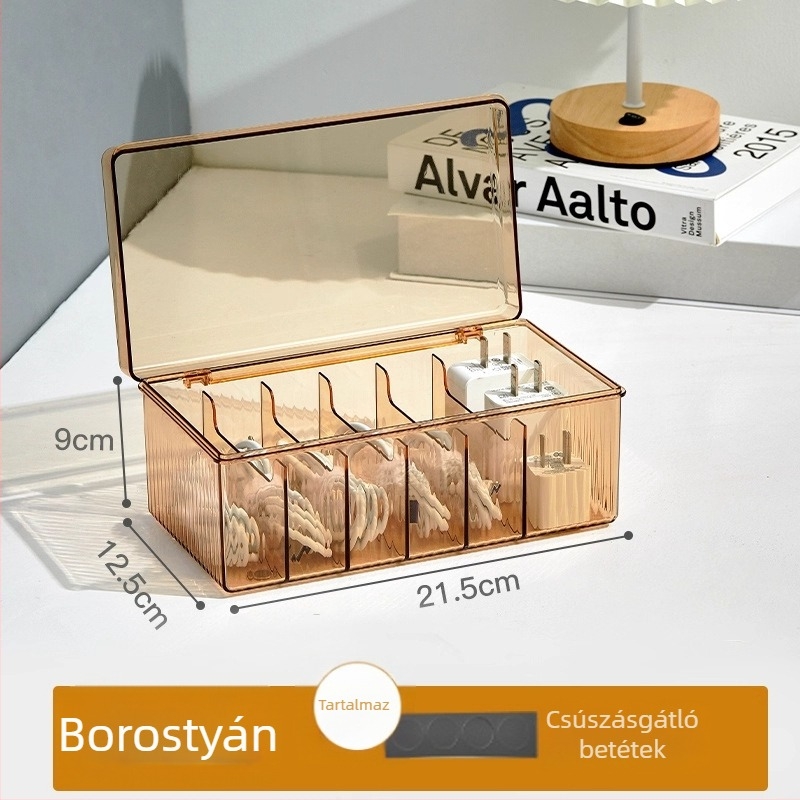 Adatkábeltároló doboz elválasztókkal, átlátszó asztali panellel, levehető töltő rendező