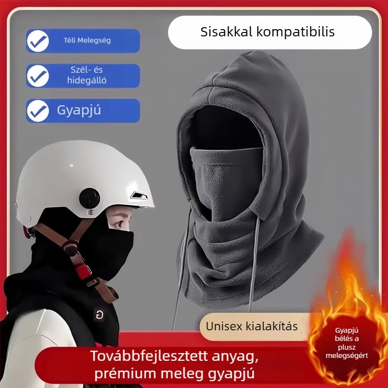 Téli kerékpáros arcmaszk fleece béléssel, integrált nyakmelegítő és fülvédő, por- és fagyvédő védelem, kapucnis fejfedő