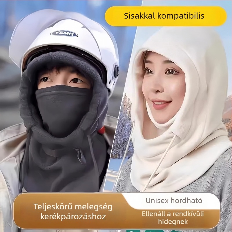 Téli kerékpáros arcmaszk fleece béléssel, integrált nyakmelegítő és fülvédő, por- és fagyvédő védelem, kapucnis fejfedő