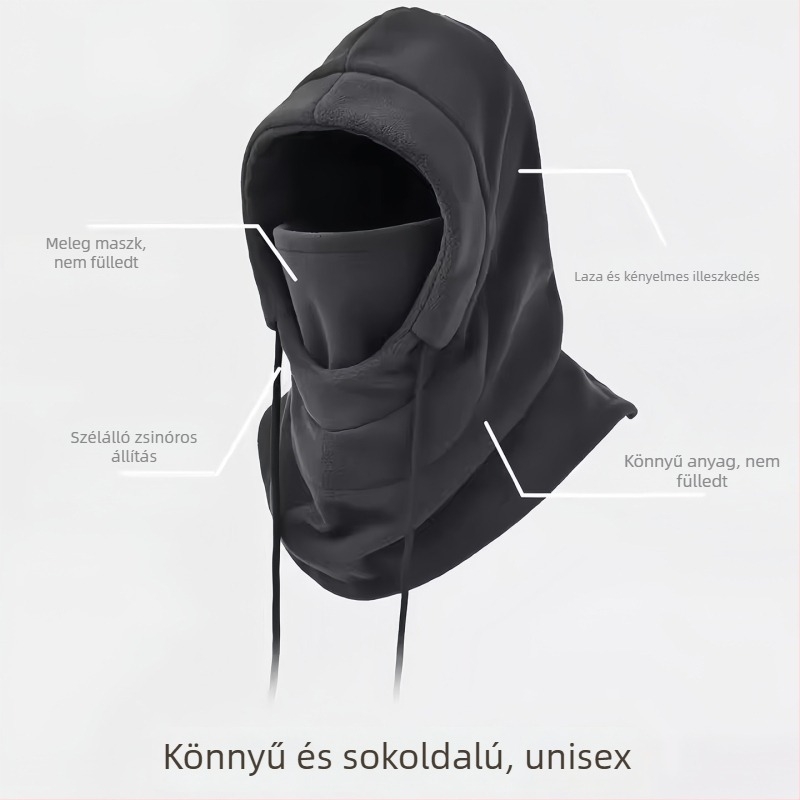Téli kerékpáros arcmaszk fleece béléssel, integrált nyakmelegítő és fülvédő, por- és fagyvédő védelem, kapucnis fejfedő