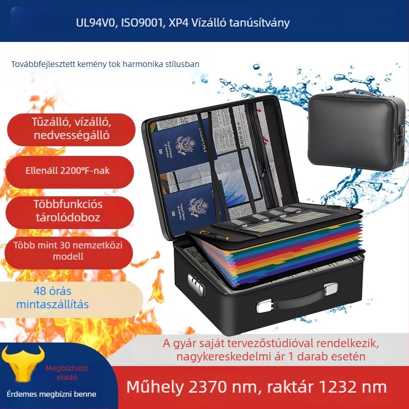 Tűzálló, kemény falú irattáska, többszintű dokumentumszervező