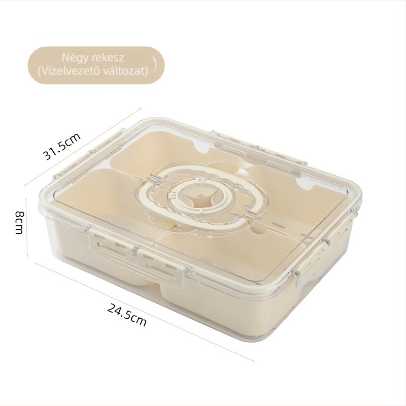 Fűszertartó doboz fogantyúval és fedővel, rekeszes konyhai tároló, hűtőben tartható gyümölcs- és salátatartó