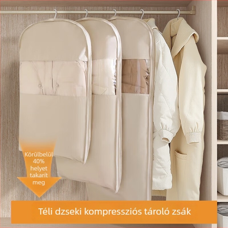 Púpos dzseki tároló porvédő akasztóra szerelt tömörítő tasak, átlátszó ruhatároló