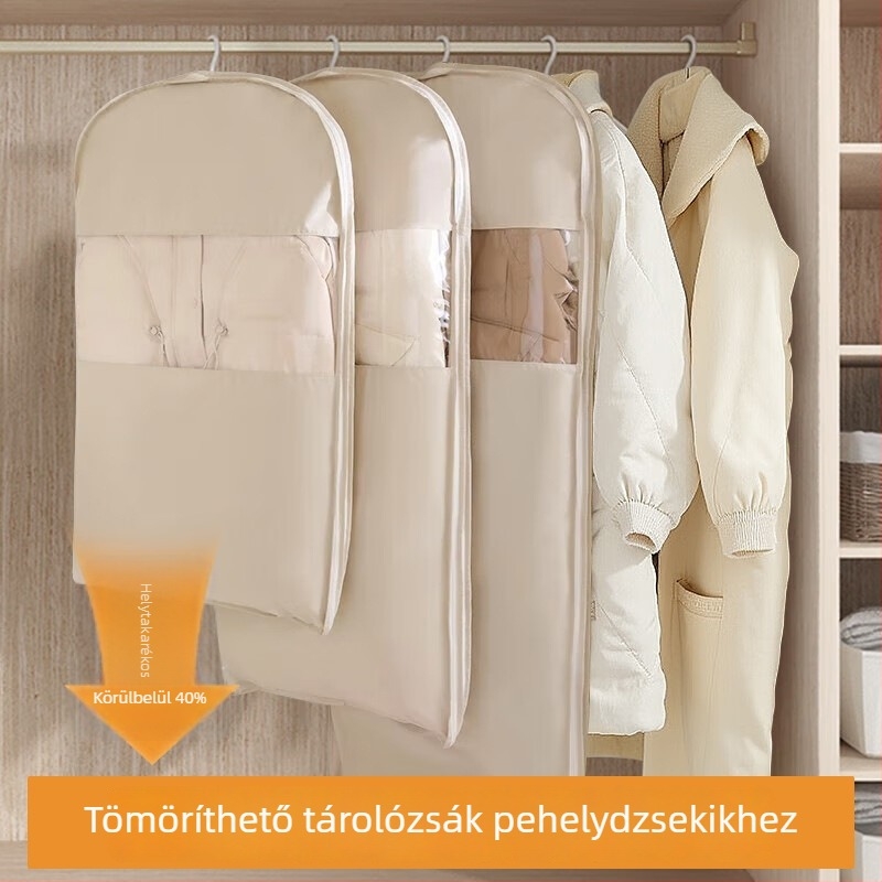 Púpos dzseki tároló porvédő akasztóra szerelt tömörítő tasak, átlátszó ruhatároló