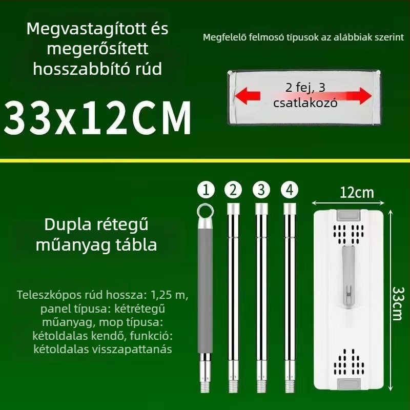 Vastagított teleszkópos lapos mop érintésmentes használathoz, eredeti, cserélhető vastagabb szövets fej, univerzális tartozék, tartós