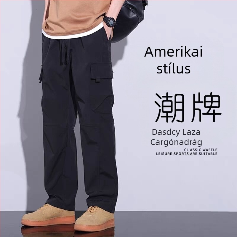 Férfi fleece-béléssel bélelt casual nadrág, normál szabás, 2024 őszi-téli, japán stílus, széles lábú munkanadrág