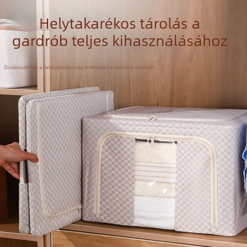 Kockás szövet tároló doboz összecsukható, nagy kapacitású ágynemű és ruhák számára, pamut és vászon, acél váz 5.0