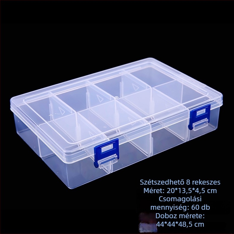 Elválasztható átlátszó PP műanyag tároló doboz 8 rekesszel, szerszámokhoz, horgászathoz, írószerekhez, manikűrhöz és ékszerekhez, fedéllel