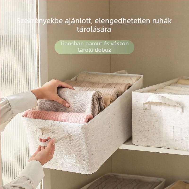 Pamut–len tárolódoboz, off-white, hordozható zokni- és nadrág rendező, textil összecsukható ruhatartó kosár