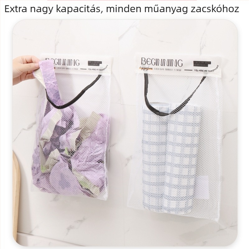 Falihoz rögzíthető konyhai hálós tároló – nagy kapacitású, hagyma, gyömbér és fokhagyma tárolására (Velcro)