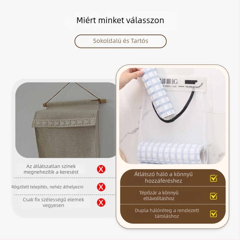 Falihoz rögzíthető konyhai hálós tároló – nagy kapacitású, hagyma, gyömbér és fokhagyma tárolására (Velcro)