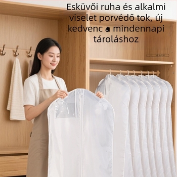 Esküvői ruha porvédő táska, fehér Oxford anyag, vízálló és nedvességálló, ruhatartó és akasztós táska