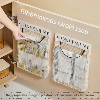 Konyhai falra szerelhető tároló zsákokhoz, nagy kapacitású hálós tasak Velcro-zárással