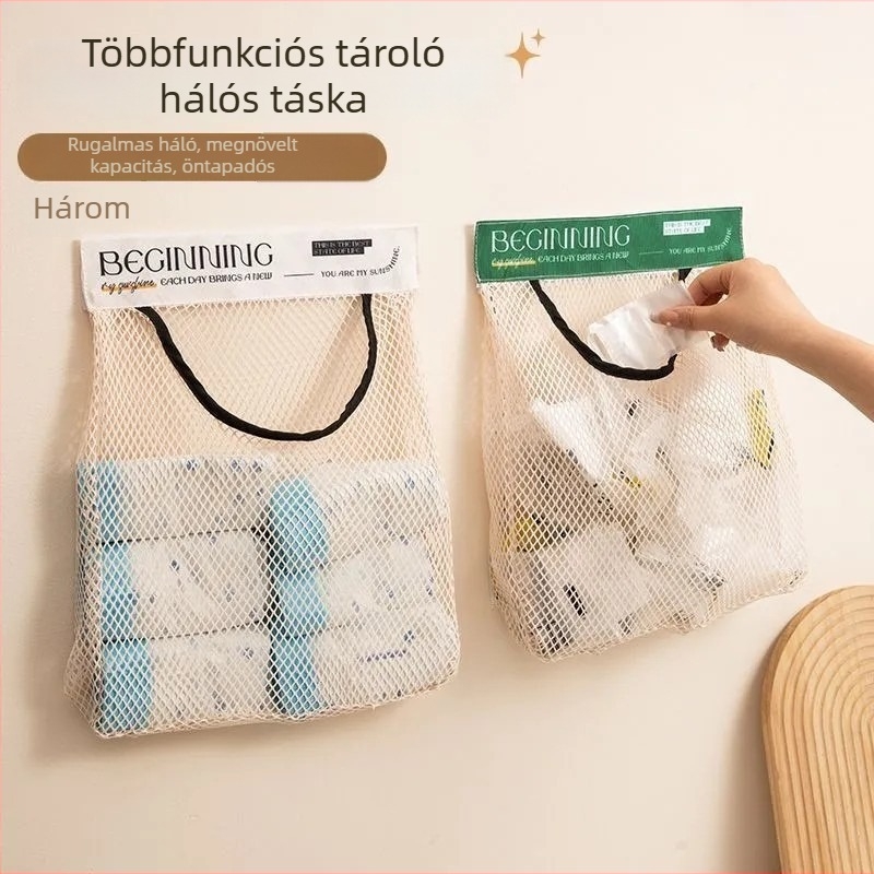 Konyhai szemeteszsák tároló, falra szerelhető, nagy kapacitású hálós tasak Velcro-vel