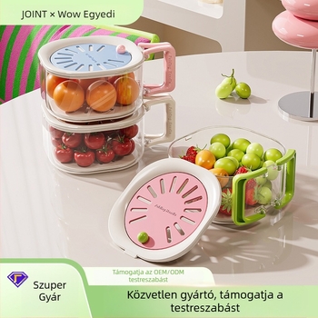 Összecsukható, kétszintes leeresztő kosár fedővel gyümölcsök és zöldségek mosásához, konyhai használatra