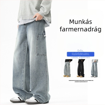 Férfi denimnadrág, magas derék, széles szárú, vintage kopott dizájn, laza szabás, hétköznapi viselet