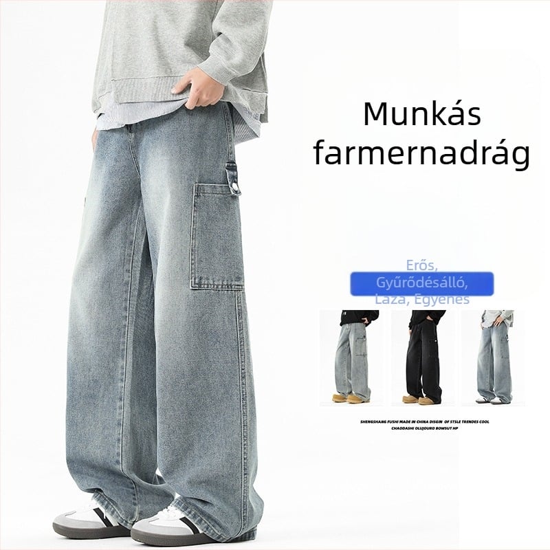 Férfi denimnadrág, magas derék, széles szárú, vintage kopott dizájn, laza szabás, hétköznapi viselet