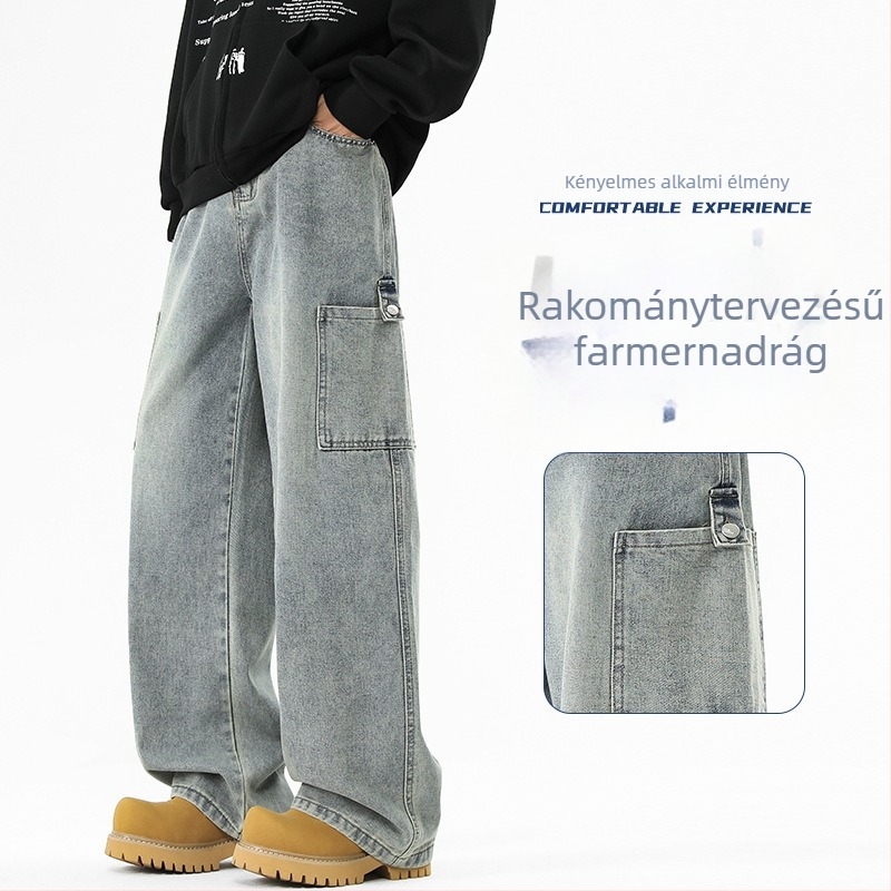 Férfi denimnadrág, magas derék, széles szárú, vintage kopott dizájn, laza szabás, hétköznapi viselet